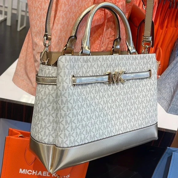 MICHAEL KORS 
Reed Large CZ Graphic Logo Belted Satchel
Vanilla /Pale Gold 
NWT - Picture 3 of 16